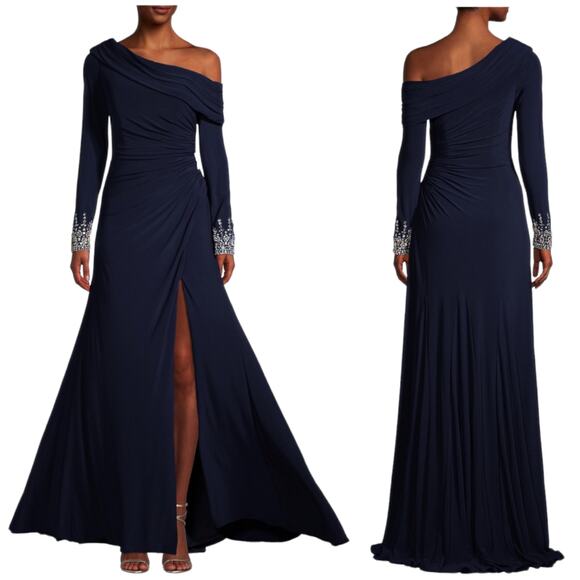 Mac Duggal NWT Off-The-Shoulder Jersey Gown Jewel Accented Cuff Size 10 Blue - Picture 1 of 13